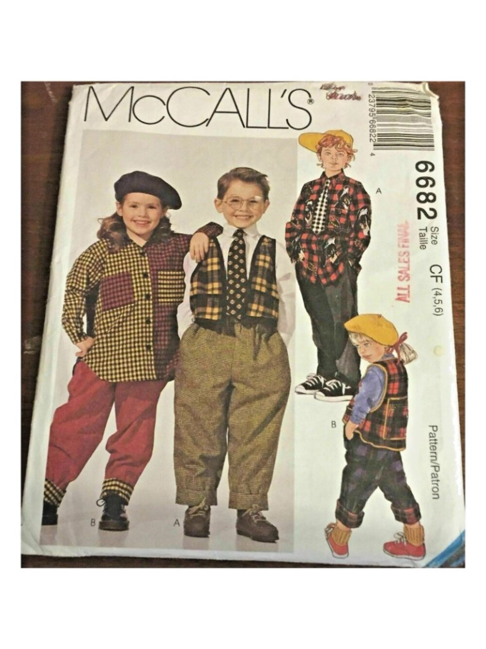 VTG Sewing Pattern McCalls 6682 Boy Girls Unisex Shirt Vest Pants Tie SZ 4-6 U/C